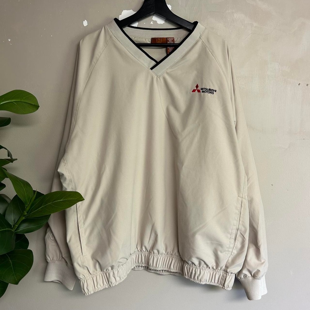Vintage Harriton Mitsubishi Motors V-Neck Windbreaker Jacket Mens XL Cream 2000s